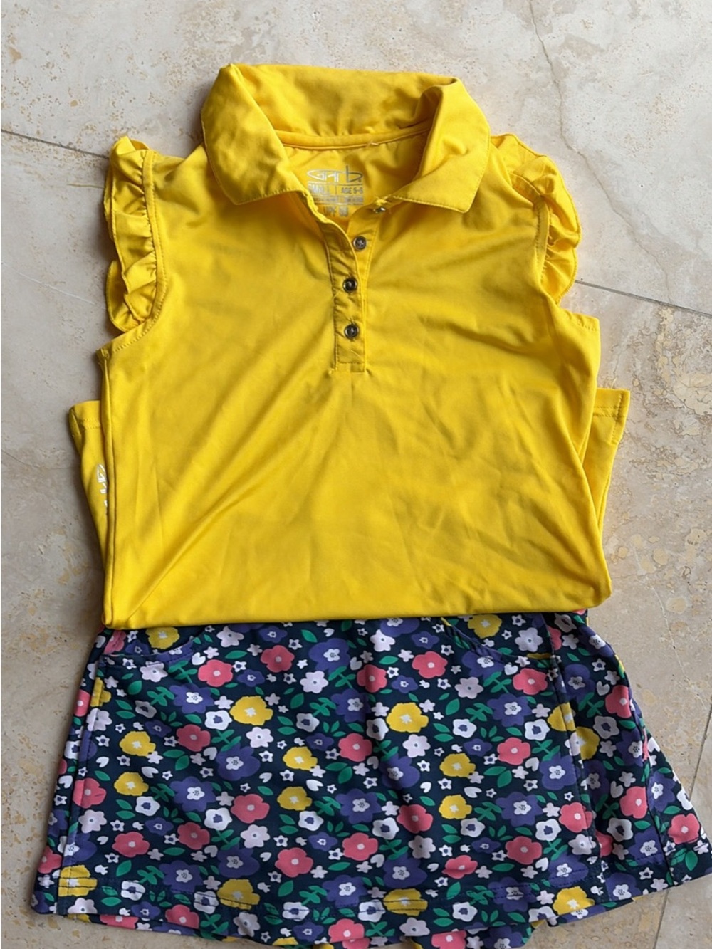 Garb Golf Set Yellow Ruffle-Sleeve Polo Top and Floral Printed Skort Small (5-6)